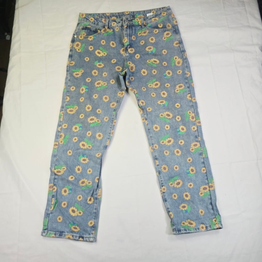 Shein Sunflower Print Denim Jeans Men's 36x32 Blue Graphic Straight Leg